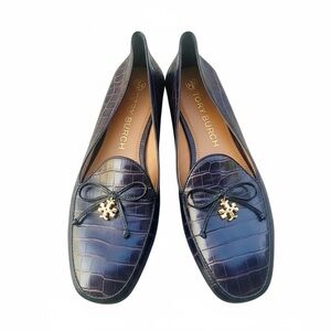 Tory Burch Brown & Black  Croc Embossed Leather Charm Loafers 10M